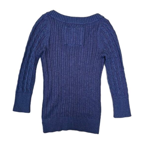 Vtg Abercrombie & Fitch Y2K Cable-knit Sweater Sz XL Vneck Preppy Academia Blue - Picture 4 of 8